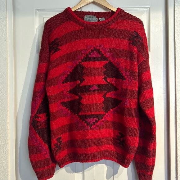 Fenn Wright & Manson Red Pink Striped Southwest 90s Sweater - Picture 1 of 7